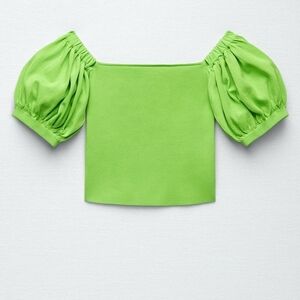 ZARA KNIT TOP WITH BALLOON SLEEVES neon green off the shoulder medium